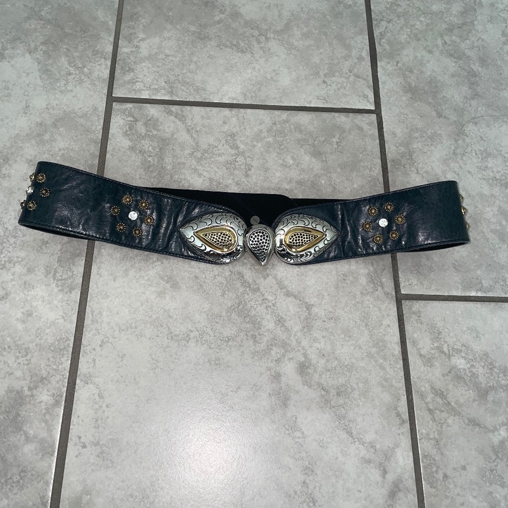 MIKKI G VINTAGE RARE Black Leather Custom-Cast Pewter Gold Swarovski Belt